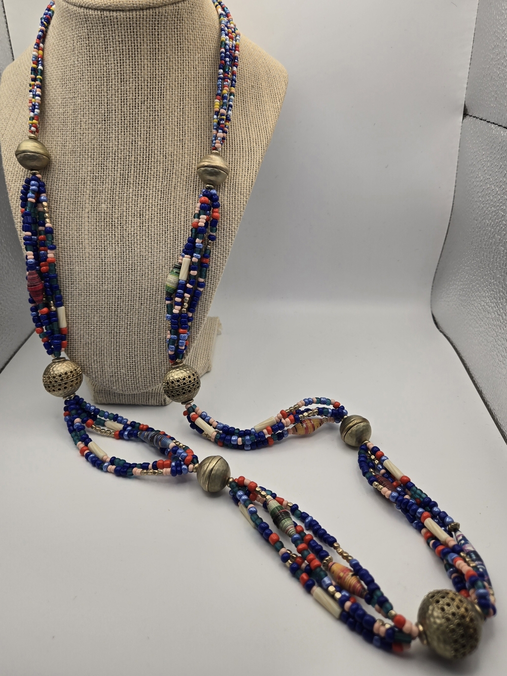 Chico's Multicolor Artisan Bead Necklace Golden Brass Accents Boho Long Tribal